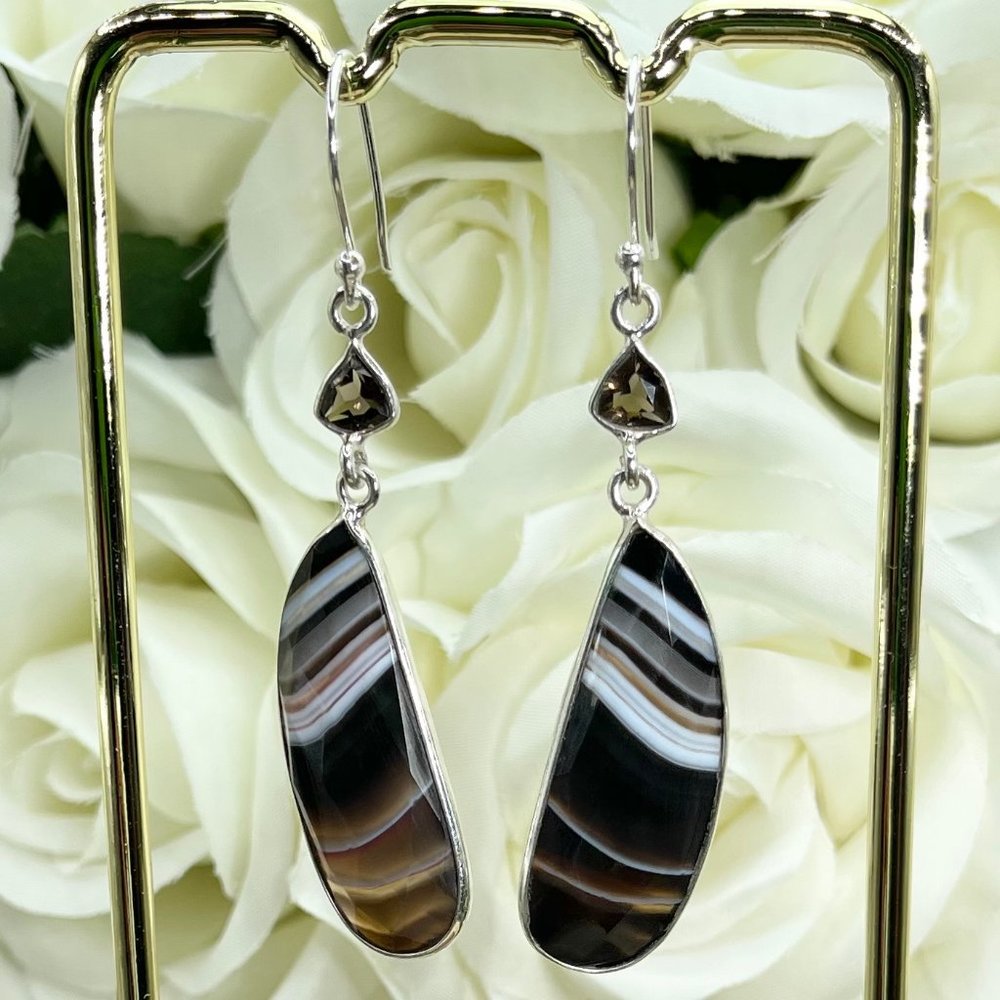 Faceted Black Botswana Agate & Smoky Topaz Silver